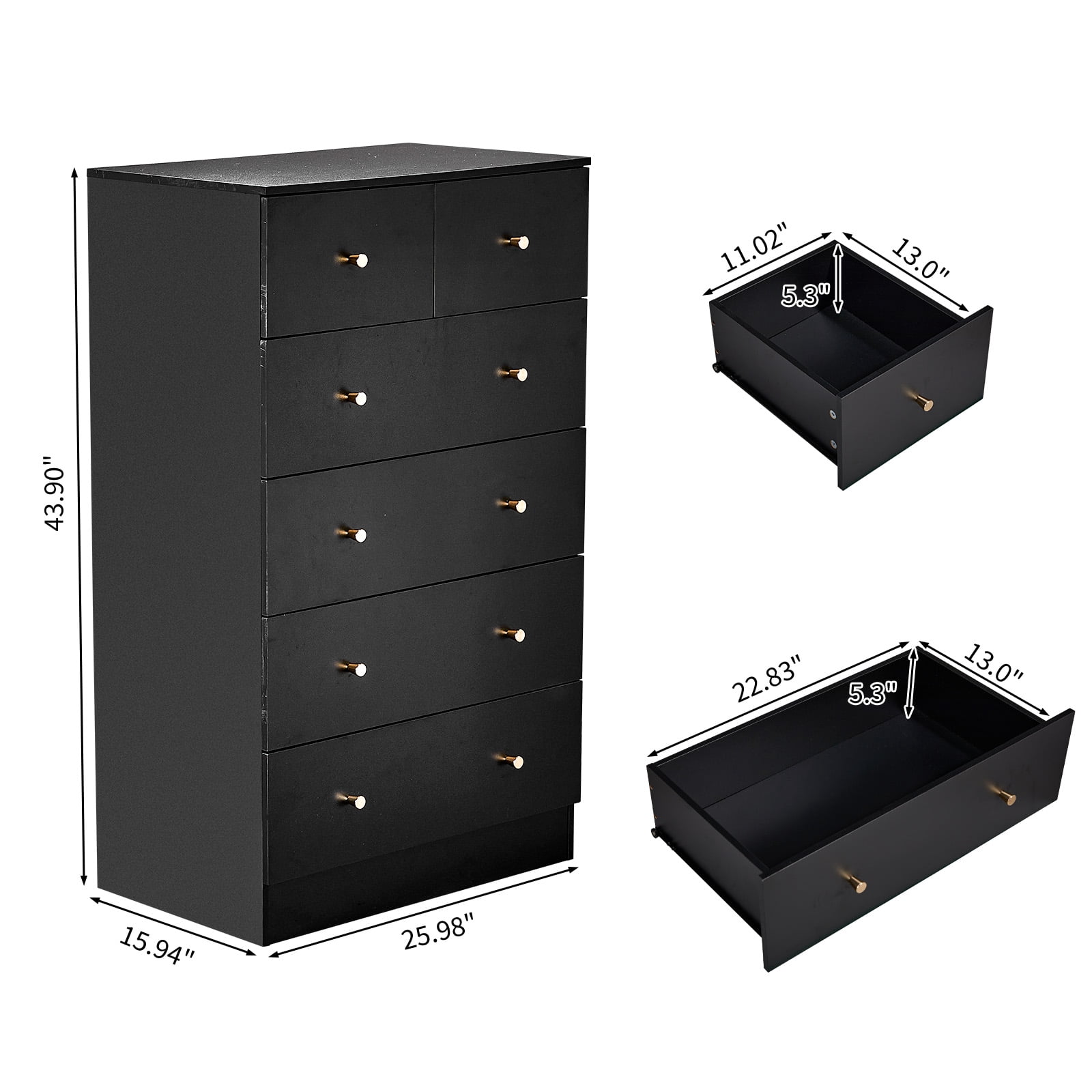 6-Drawer Cabinet, Matte Gold Handles Textured Melamine Particleboard Cabinet, Tall Space-Saving Storage Organizer for Bedroom Home Office Living Area