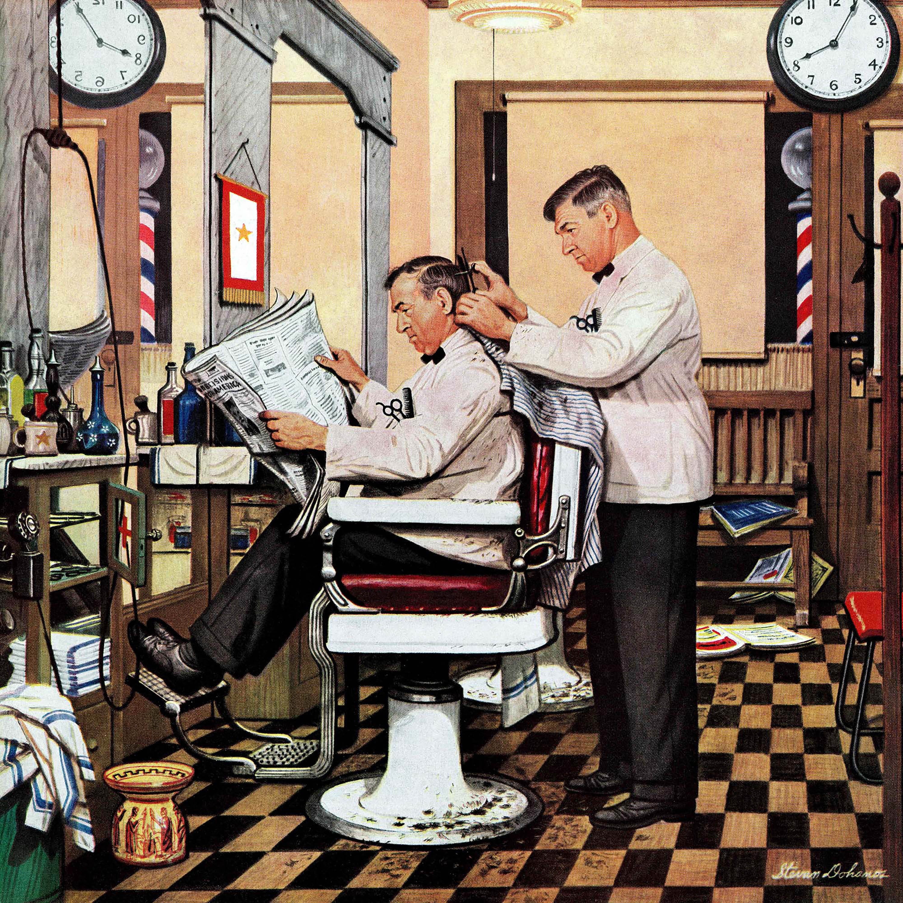 Marmont Hill "Barber Getting Haircut" by Stevan Dohanos Painting Print on Canvas
