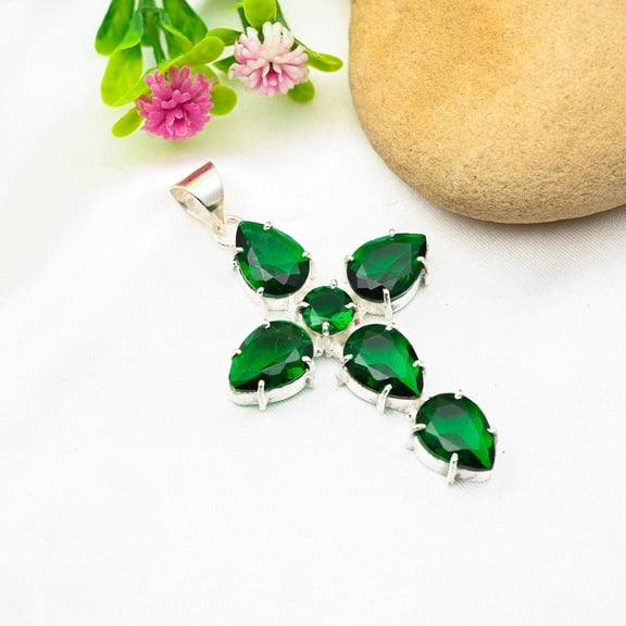 Chrome Diopside Pendant 925 Sterling Silver Polished Pendant Chrome Diopside Gemstone Pendant Chrome Diopside Jewelry Cross Pendant Birthday Gifts