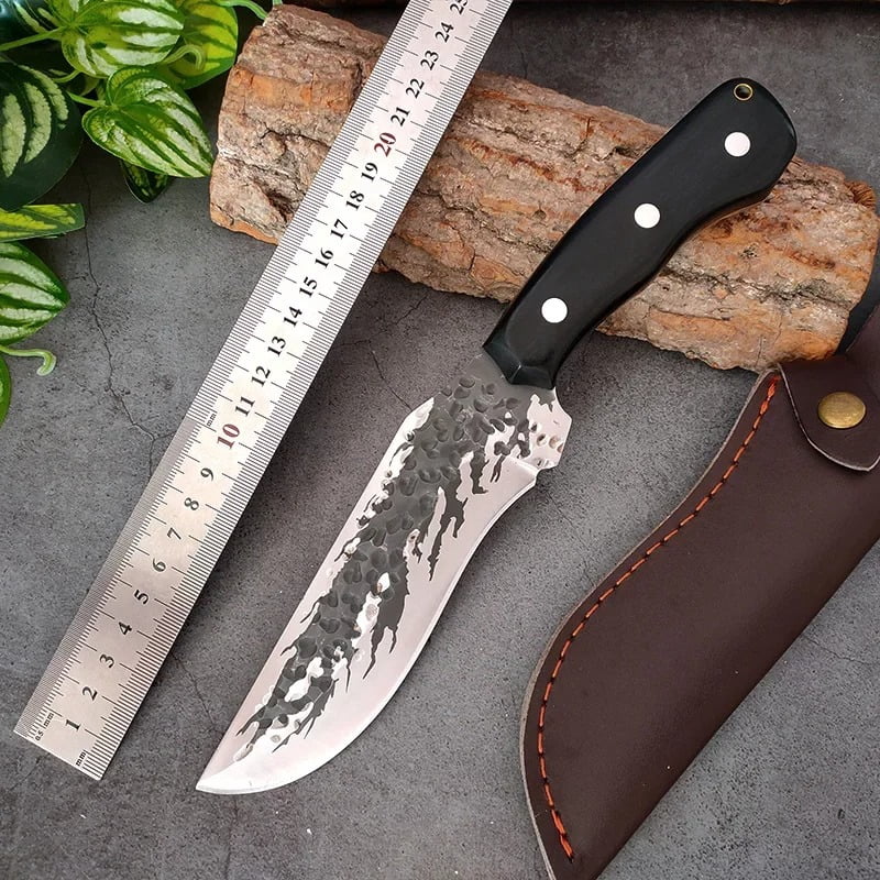 Hand Forged Outdoor Knife, Solid Wood Handle Full Tang Fixed Blade Knife with Brown Sheath for Camping Hunting Household Cutting