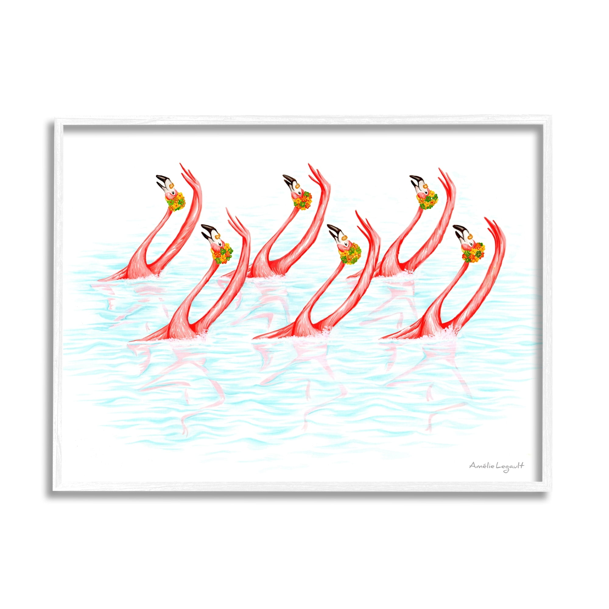 Stupell Industries Six Flamingoes Birds Synchronized Swimming Floral Caps Graphic Art White Framed Art Print Wall Art, Design by Amelie Legault