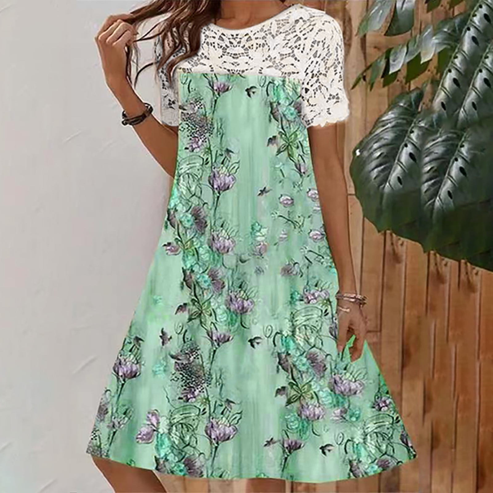 VKEKIEO Casual Dresses For Women Sun Dress Crew Neck Short Sleeve