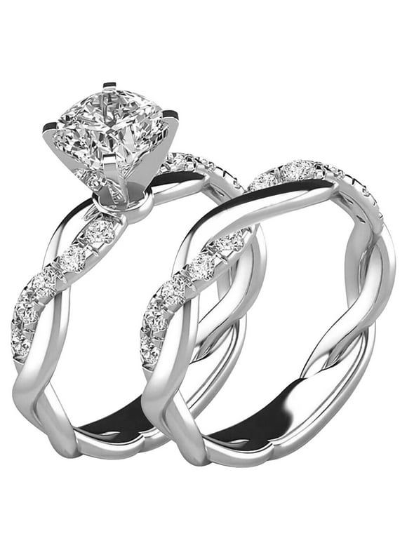 Fridja Alloy Swarovski Zirconia Antique Ring Set 2PC Ring Bridal Zircon Diamond Elegant Engagement Wedding Band Ring Set