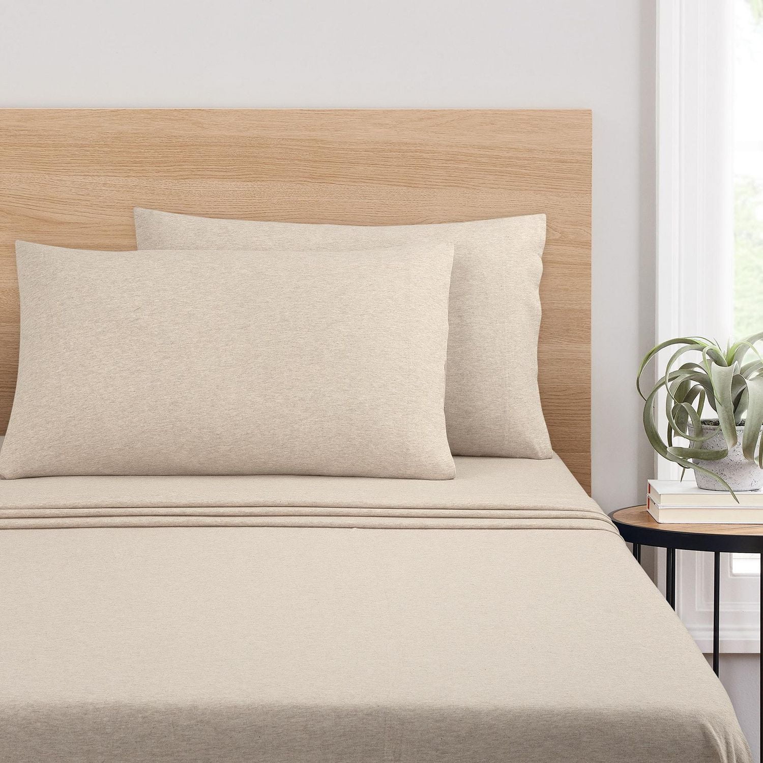 Mainstays Extra Soft Adult Jersey Bed Sheet Set, King, Oatmeal, 4 Pieces, Jersey Sheet Set Cotton and Polyester