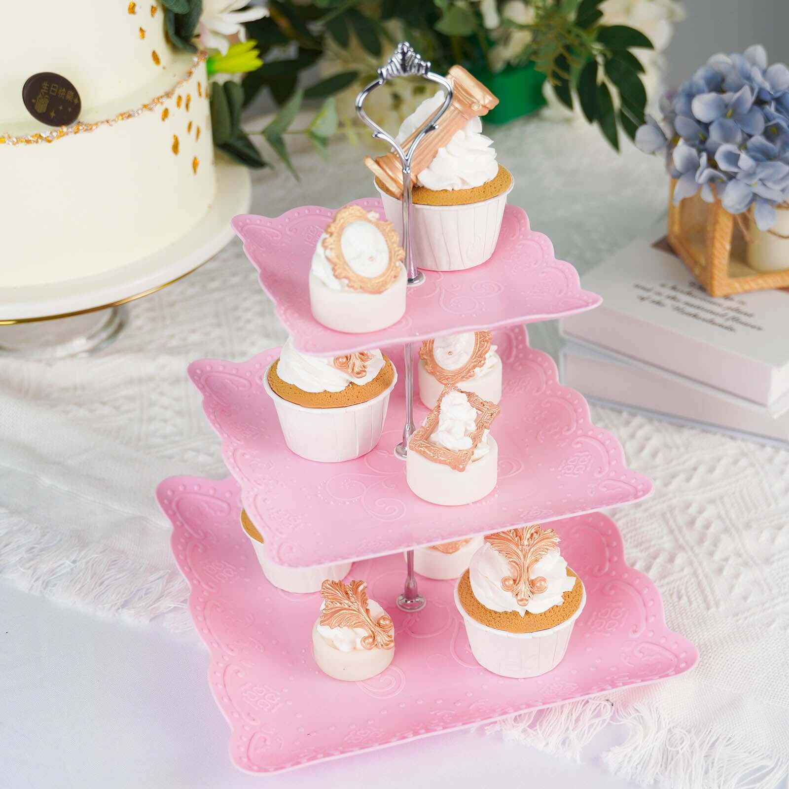 Efavormart 13" | 3 Tier Floral Print Cupcake Stand, Pink Square Dessert Tray Display Holder with Wavy Edges - Plastic