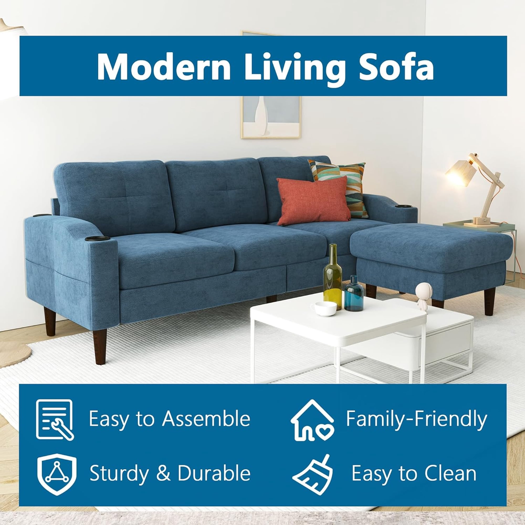 Aukfa L Shaped Sectional Sofa with USB Ports and Cup Holders, 78" 3 Seater Couch with Storage Ottoman, Blue
