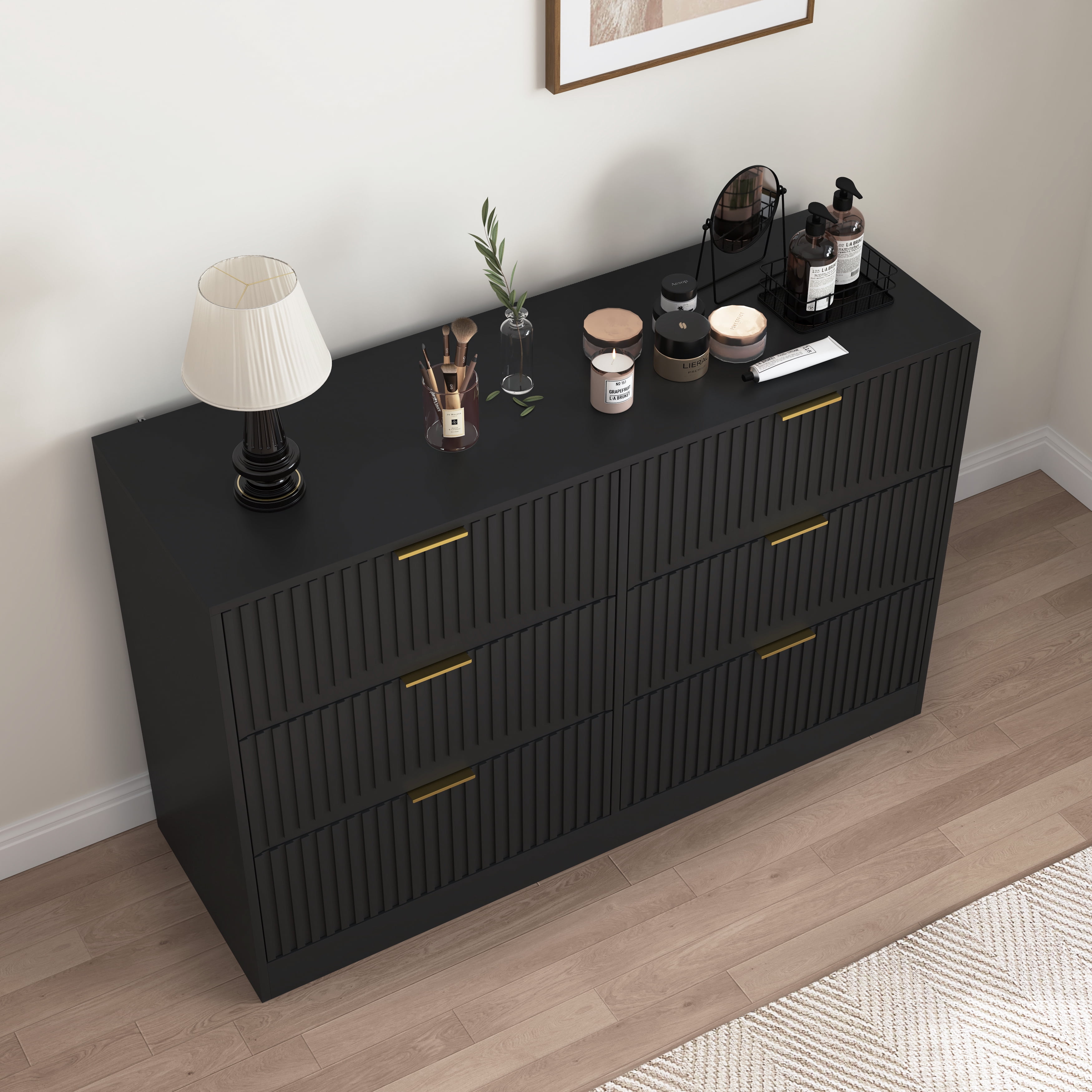 6-Drawer Dresser for Bedroom,Modern Wood Chest of Drawers,Large Storage Cabinet with Wavy Patterns for Living Room,Hallway,Entryway,Black