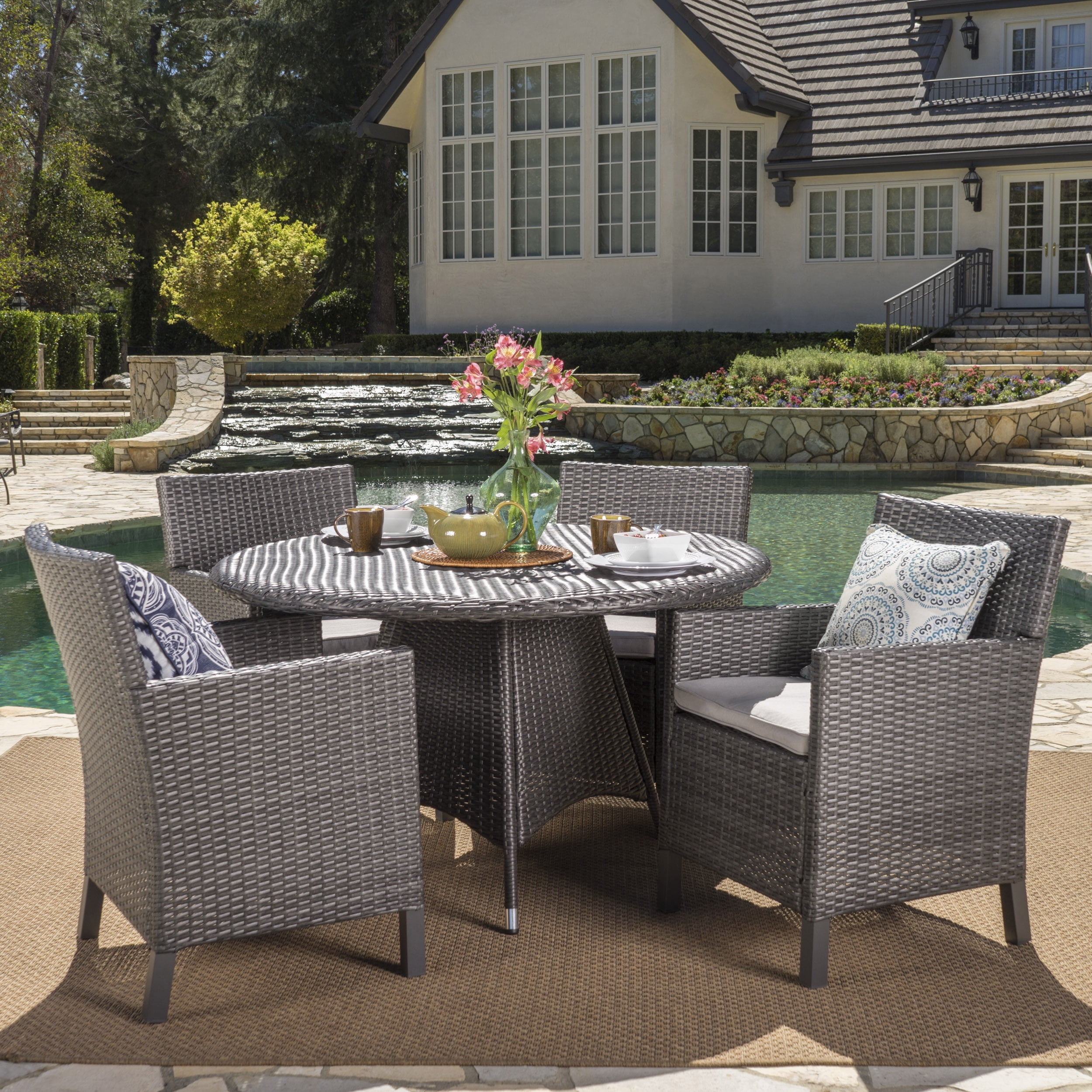 Clarance Outdoor 5 Piece Wicker Round Dining Set with Cushions, Grey ...