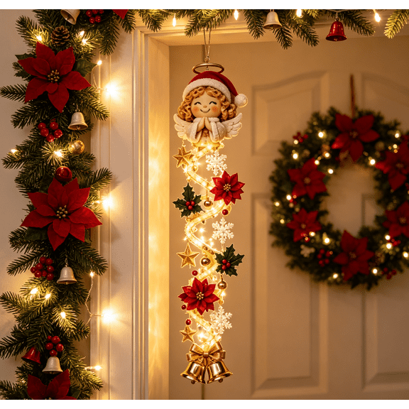 Glowing Christmas Door Hanger,LED Light Up Angel Christmas Ornament, Cascading Spiral Hanging Decor for Front Door, Fireplace, Window, Christmas Party Decoration