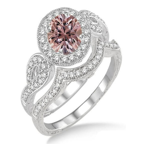 1.5 Carat Morganite & Diamond Antique Halo Bridal Set Engagement Ring on 10k White Gold