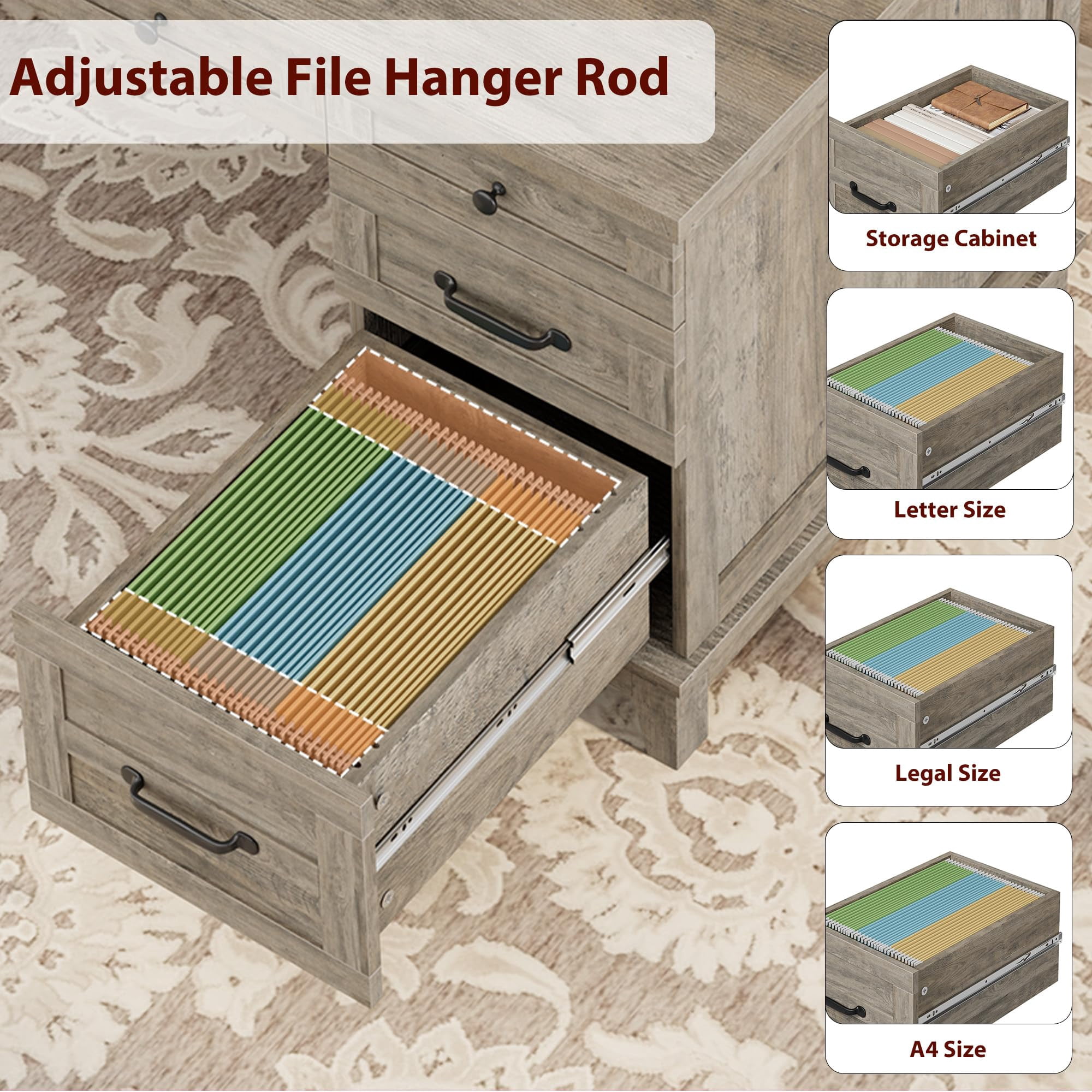 Farmhouse Executive Desk with Drawers, 53.54 in Home Office Desk with Charging Station, Wooden Computer Desk with File Cabinet Storage for Work Study Writing, Rustic Gray