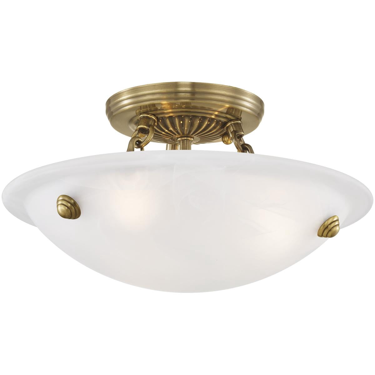 3 Light Antique Brass Ceiling Light fixture with White Alabaster Glass Shade