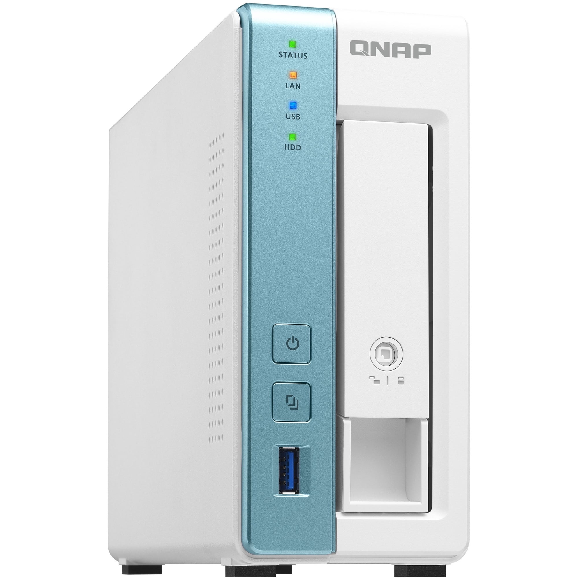 QNAP TS-131K 1 Bay Personal Cloud NAS for Backup and Data Sharing. Annapurna Labs 4-core 1.7GHz, 1GB RAM, with lockable drive tray.