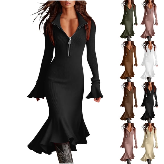 Lenago Summer Dresses for Women Solid Color Elegant Chiffon Long Sleeve Half-Zip Flared Sleeve Knit Fishnet Dress Maxi Ruffle Skirt Sweater Dress