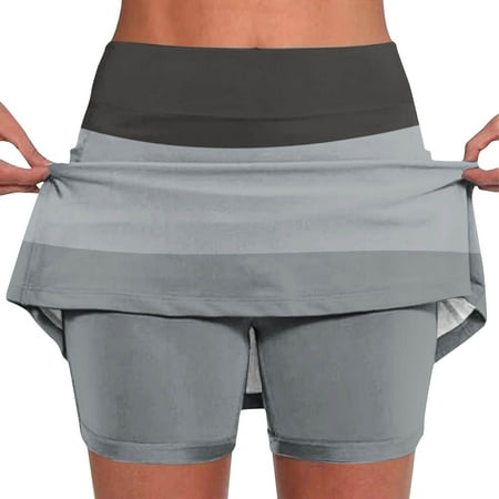 SKSloeg Womens Skorts with Pockets Tummy Control Plus Size Skorts for Women High Waist Athletic Sports Pants Skirt Casual Shorts Color Block Patchwork Gray XL