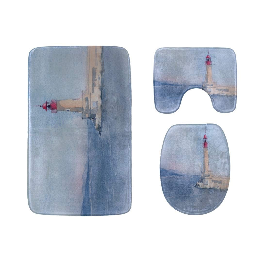 GOHAO Hand Drawn Watercolor Lighthouse 3 Piece Bathroom Rugs Set Bath Rug Contour Mat and Toilet Lid Cover