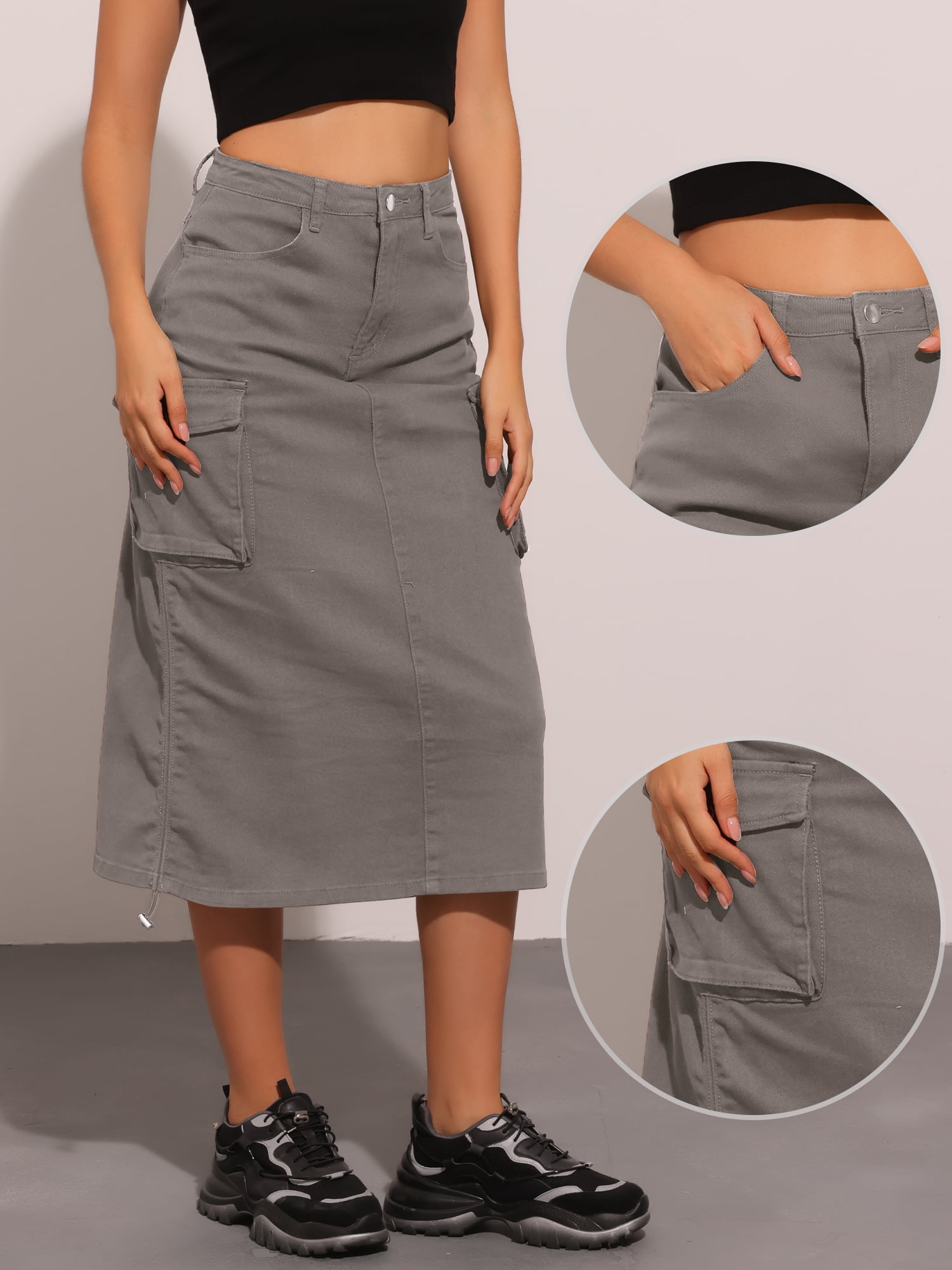 DARING DIVA Women's Y2K Adjustable Casual A-Line Midi Jean Skirt M Grey