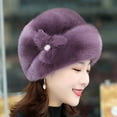thumbnail image 5 of Winter Hat Russian Faux Rabbit Fur Flower Decor Thickened Luxury Keep Warm Solid Color Autumn Winter Thermal Middle-aged Women Cap for Outdoor-Purple, 5 of 8