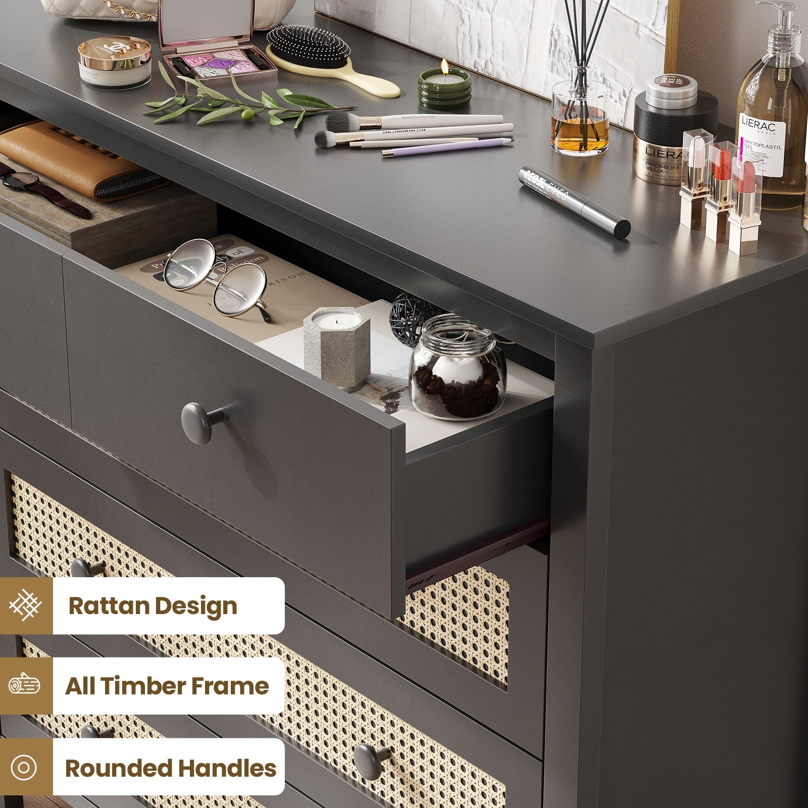 Aukfa 4 Drawer Dresser with Rattan Doors, Modern Boho Storage Cabinet Wooden Chest of Drawers for Bedroom, Living Room, Walnut