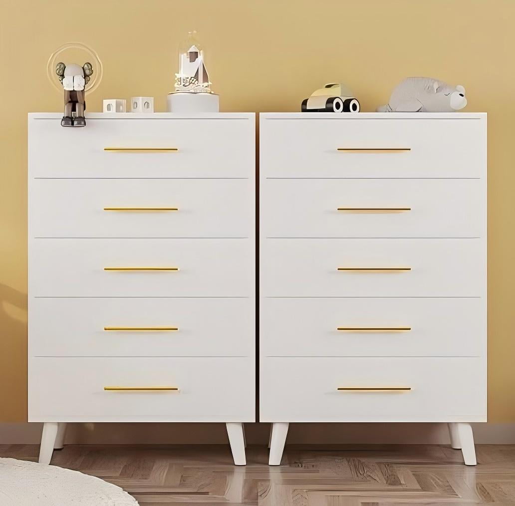Dresser for Bedroom, Lofka 5 Drawers Dresser Gold Metal Handle, Wood Storage Cabinet for Living Room, White