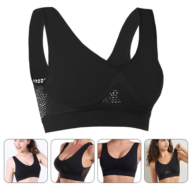 unbranded brasier deportivo negro sin para entrenamiento con ajuste cómodo y material transpirable sujetador deportivo negro sin varillas en vista frontal centrada, top con tirantes anchos y banda elástica, paneles laterales y bajo pecho de malla transpirable en nylon/chinlon; pensado para yoga, gimnasio y running, ofrece soporte y ajuste cómodo; disponible en tallas S-M-L-XL.