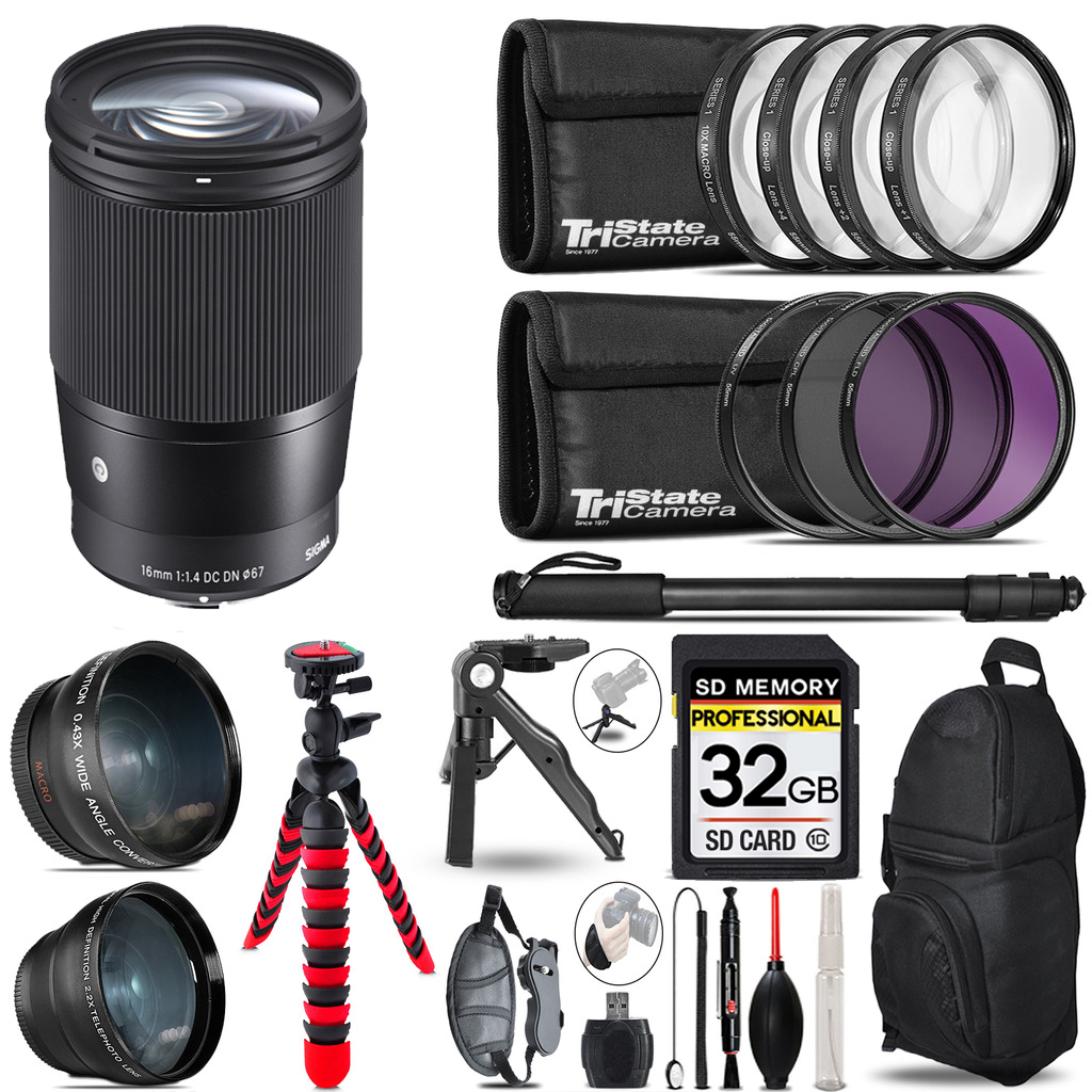 Sigma 16mm f/1.4 DC DN Lens for Sony Camera with 64GB SD Card