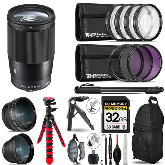 Sigma 16mm f/1.4 DC DN Contemporary Lens for Sony E   3 Lens Kit   Tripod   Backpack - 32GB Accessory Bundle