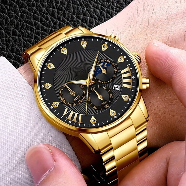 満月＆太陽 Diamond Dial Mens Steel Strap Watch With Sun Moon Star Calendar