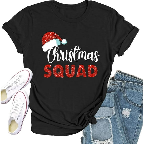 Christmas Squad Shirt for Women Santa's Hat Squad Tshirt Xmas Holiday Tee Shirts