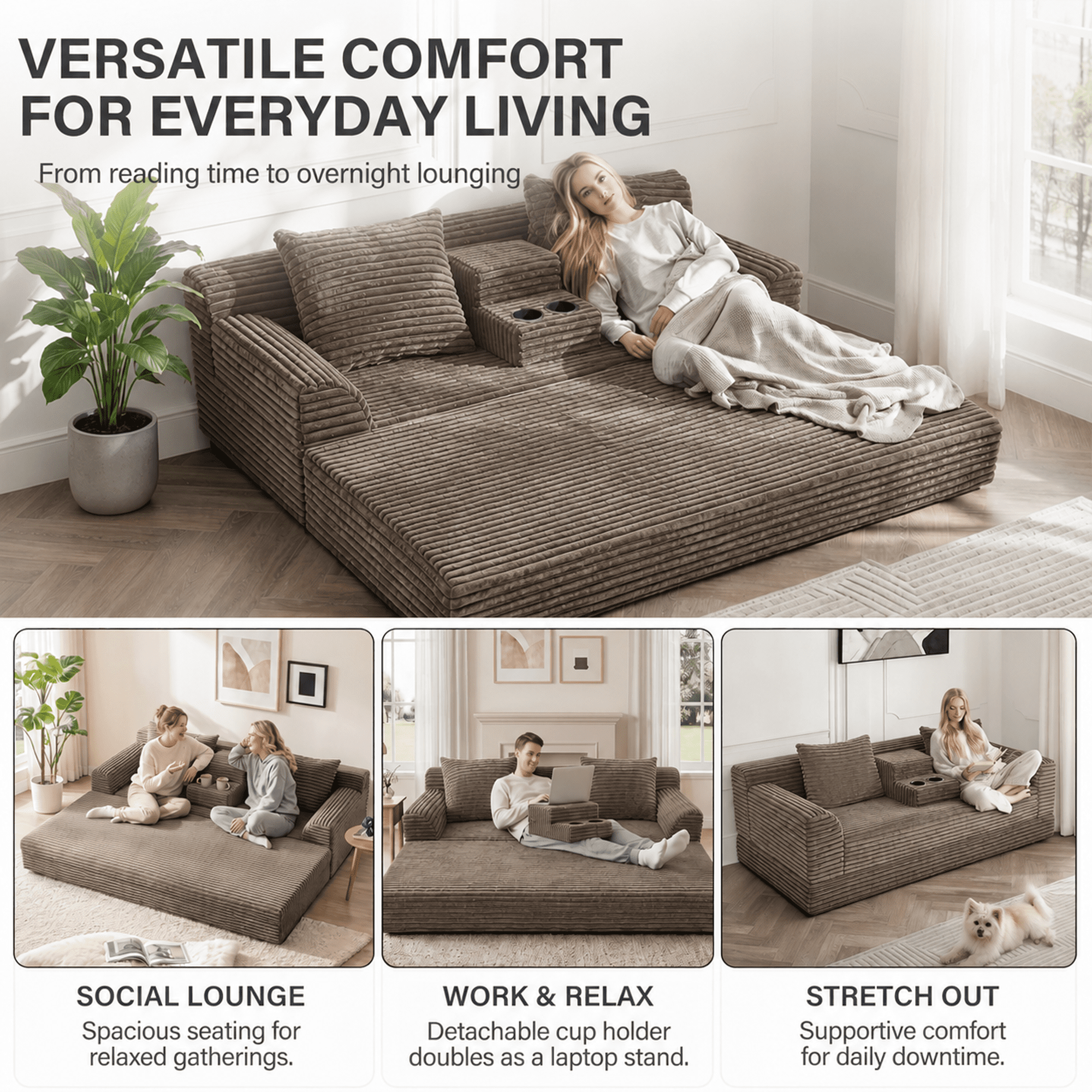 Leumius Futon Sofa Bed,Folding Boneless Couch with Cup Holders，Chenille Pull Out Sofa Bed with 2 Pillows or Living Room & Bedroom,Coffee