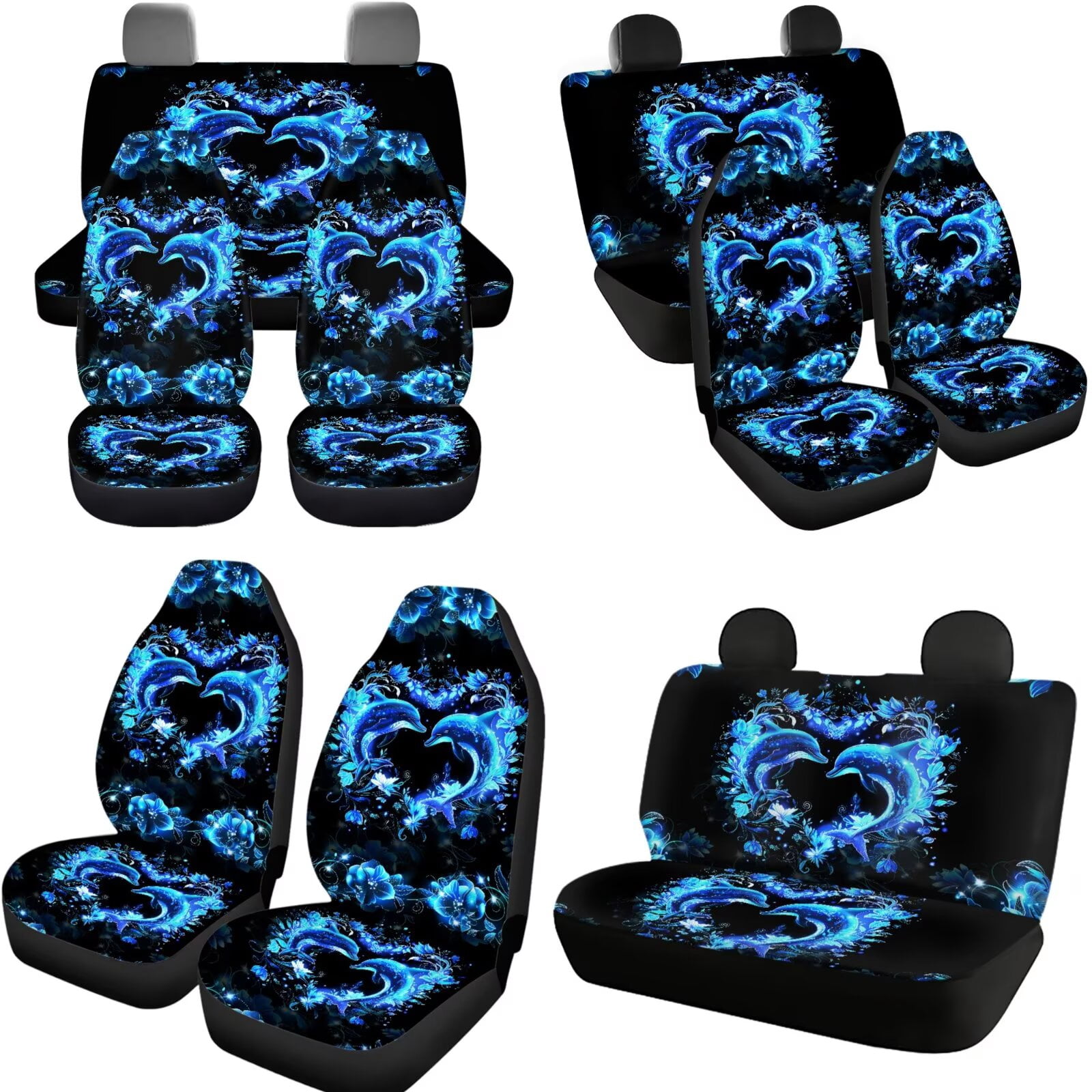 Jeiento Dolphin Car Seat Cover Split Covers Full Set 11 PCS, with Headrest Cover Keychain Coasters Love Heart Handbrake Cover Gear Shift Knob Cover for Men Women, Easy to Install