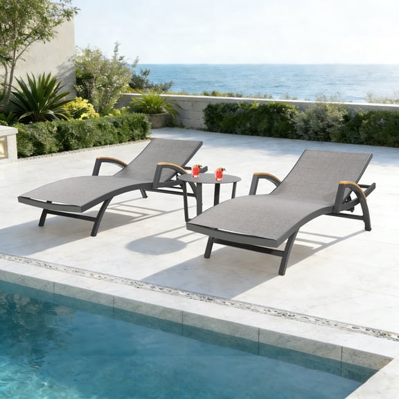 Patio Aluminum 3 PCS Chaise Lounge Set, Phifertex Sling Fabric Lounge Chair and Round Side Table