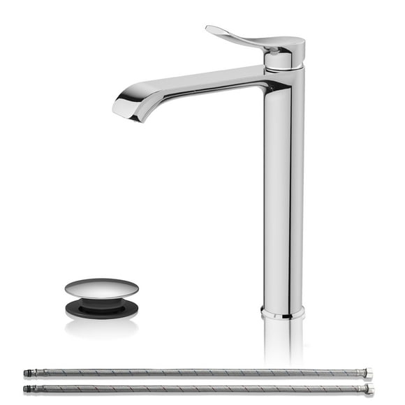BELZ Grifo de Baño Moderno con Cascada Alta, Grifo de Fregadero de Baño de una Sola Manija con Desague Emergente y Placa de Cubierta Adecuada para 1 O 3 Agujeros, Cromo