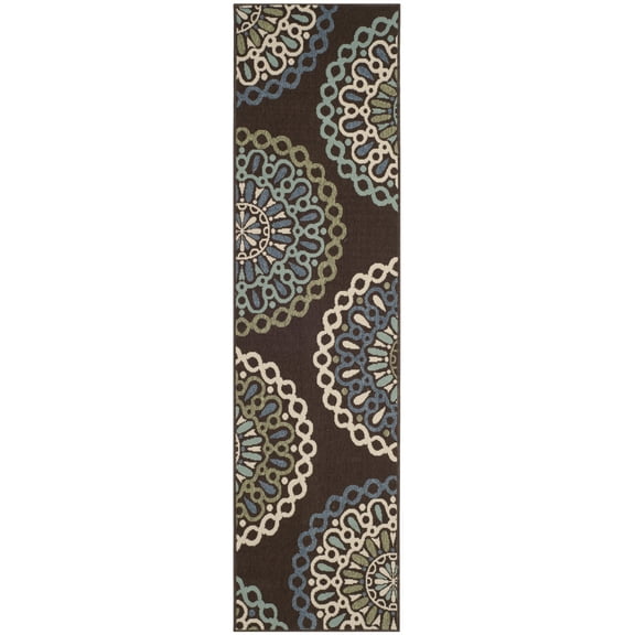 SAFAVIEH Veranda Axum Geometric Indoor/Outdoor Runner Rug, 2'3" x 8', Chocolate/Blue