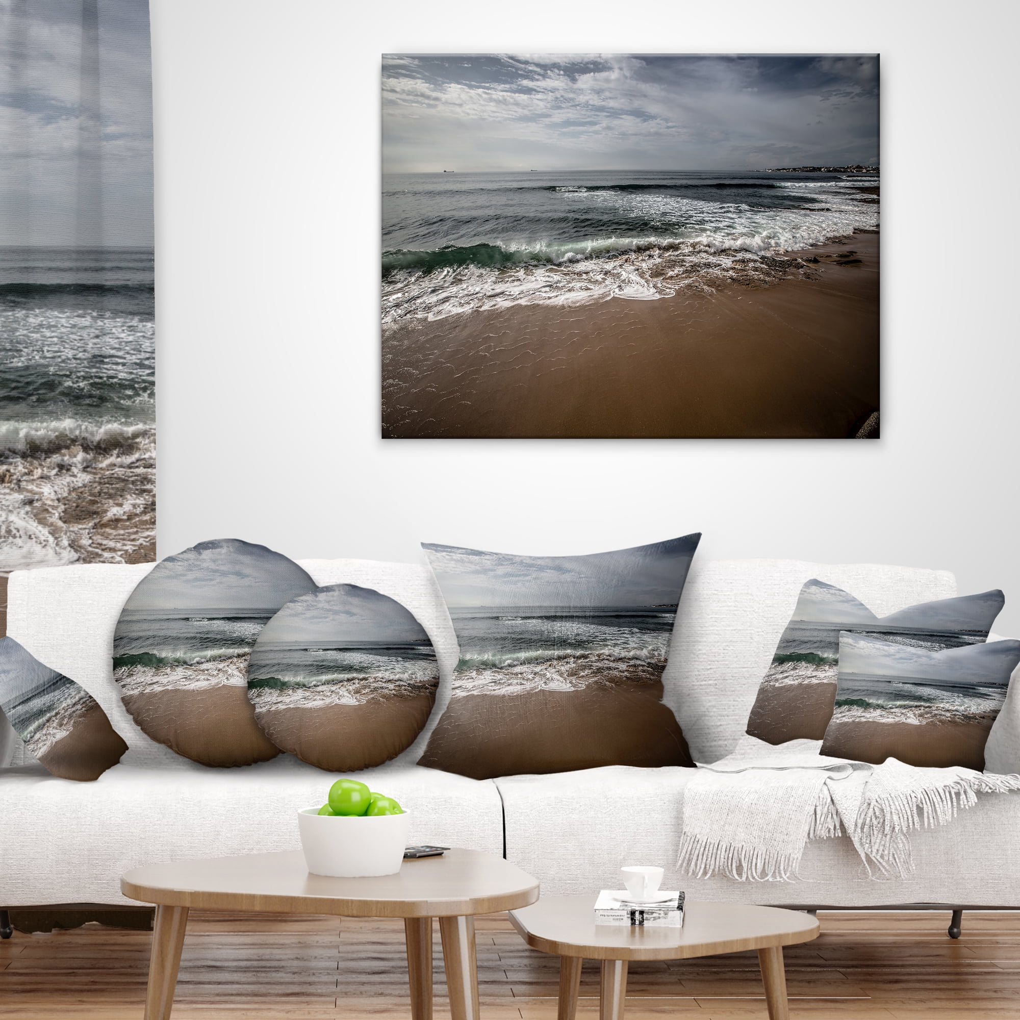 Designart Soft Waves of Sea on Sandy Beach - Seashore Throw Pillow - 12x20