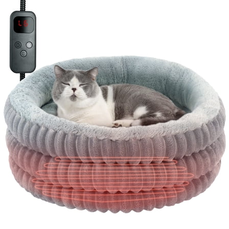 Heated Cat Bed, 20’’ Round Donut Fluffy Cat Beds for Indoor Cats and Small Dogs, Washable Deep Sleep Calming Pet Bed Kitten Bed