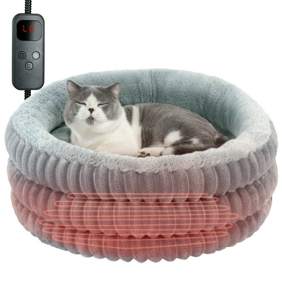 Heated Cat Bed, 20’’ Round Donut Fluffy Cat Beds for Indoor Cats and Small Dogs, Washable Deep Sleep Calming Pet Bed Kitten Bed