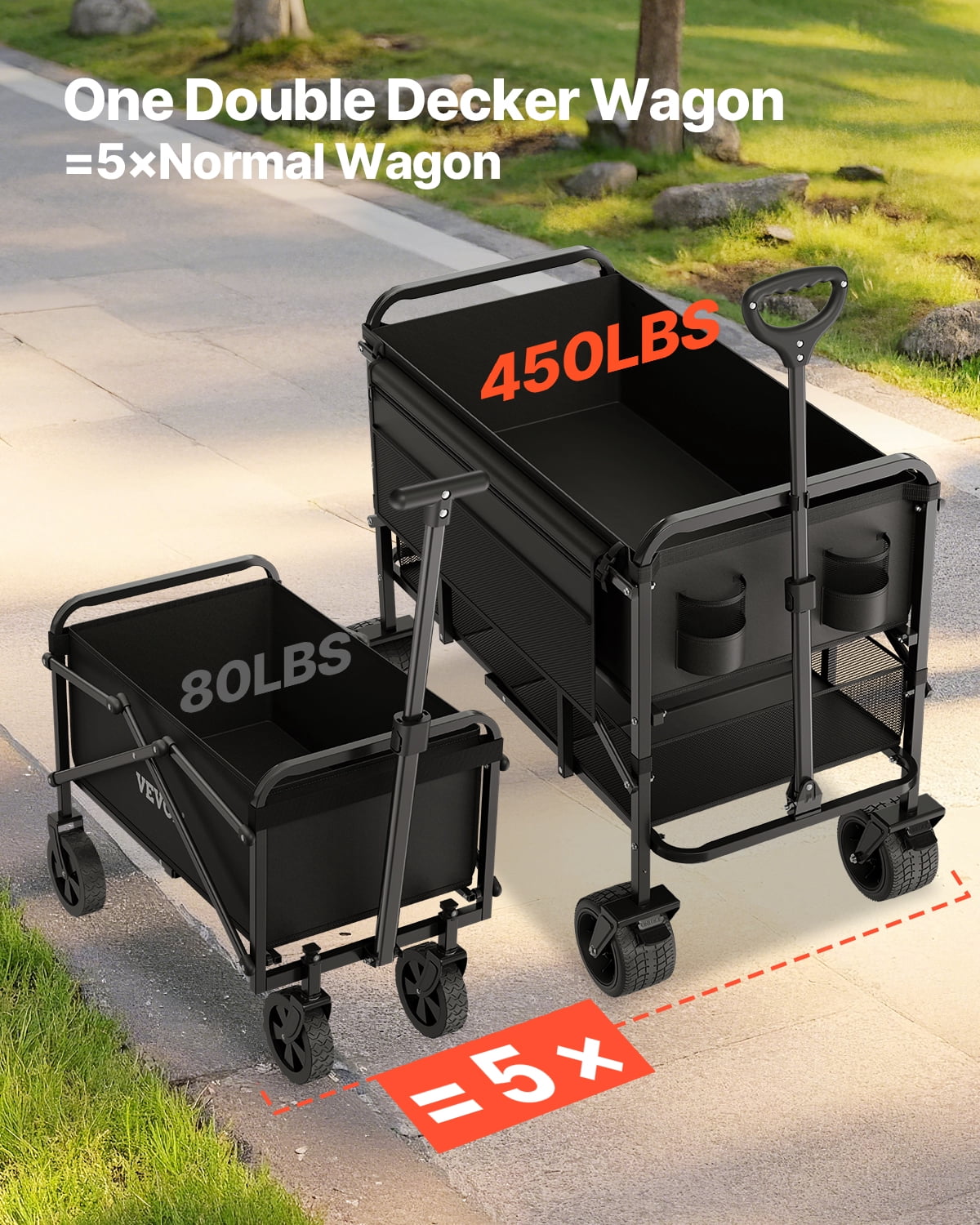 VEVOR Double Decker Wagon Collapsible, 400L Heavy Duty Folding Wagon Cart, Extended Long Garden Cart with All-Terrain Wheels, Support Up to 450lbs, Outdoor Utility Wagon for Camping, Sports