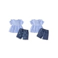 thumbnail image 2 of BemeyourBBs Toddler Baby Girl Summer Clothes Denim Outfits Plaid Short Sleeve Tunic Shirt Tops Strawberry Bowknot Floral Embroidery Jeans Shorts Set, 2 of 9