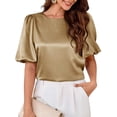 thumbnail image 4 of Women'S Satin Silk Blouses Puff Short Sleeve Dressy Casual Tops Loose Fit Crew Neck Cropped Shirts Color S, 4 of 10