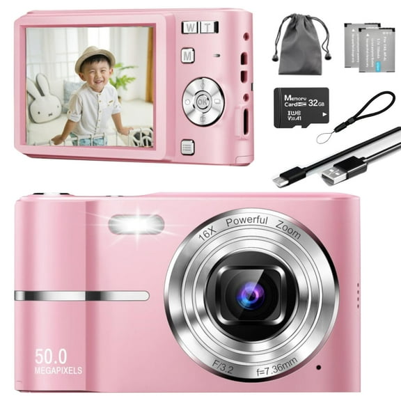 MAKATA Compact Digital Camera 50MP 16X Zoom HD 1080P - Point and Shoot Digital Camera 32GB Two Batteries - Kids Camera for Boys Girls Toddler Kids Students Beginners - Birthday or Holiday Gift (PINK)