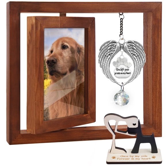 Rotating Wooden Picture Frame 4x6 Photo Pet Angel Wings Memorial Ornament Crystal Rainbow You Left Pawprints on My Heart, Dog Cat Bereavement Remembrance Gifts, In Loving Sympathy Pet Frame PR-4W