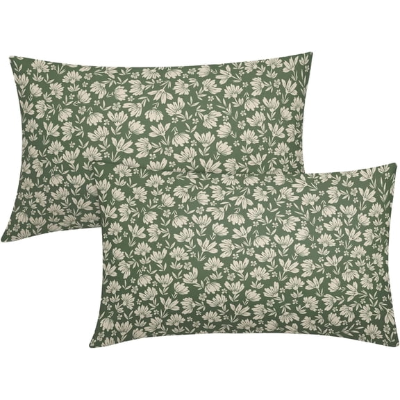 Daisy Floral Block Print Lumbar Pillow Covers 12X20 Inch Sage Green Beige Flowers Decorative Pillow Cases Set of 2 Seasonal Farmhouse Home Decor Vintage Retro Throw Pillows For Sofa Couch Outdoor