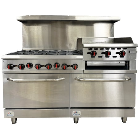 60 in. 6 Burner Gas Range with Griddle & 2 Standard Ovens, Natural Gas Commercial Oven Range, NSF
