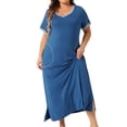 thumbnail image 2 of Camisones de mujer de tallas grandes Agnes Orinda, con contraste de color, escote en V, ropa de descanso de manga corta, pijama largo con bolsillos, 2X azul, 2 of 6