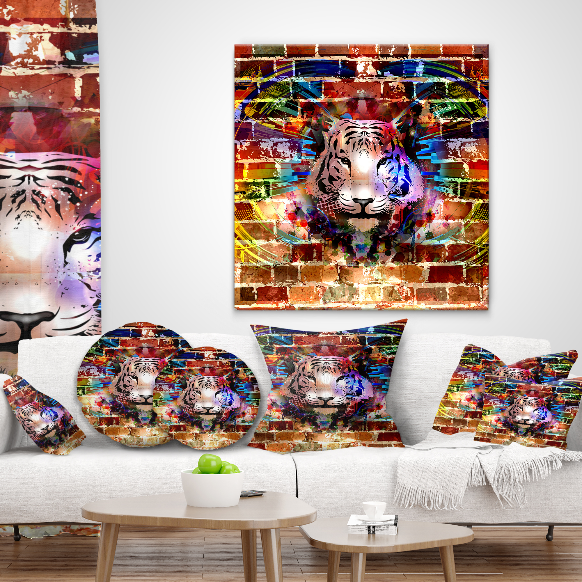 Designart Tiger over Abstract Brick Design - Abstract Throw Pillow - 12x20