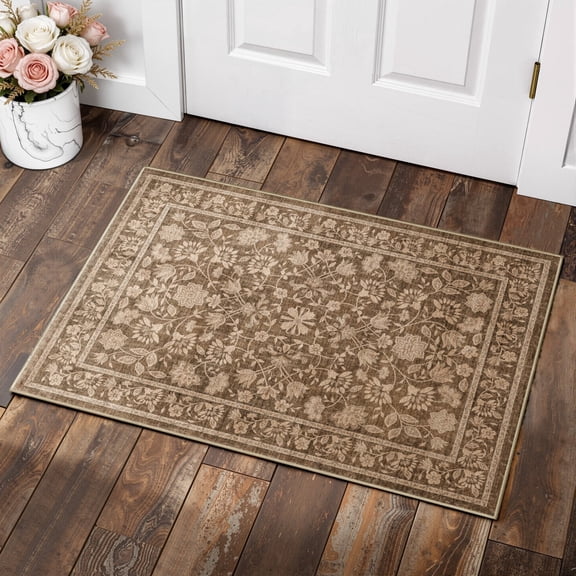 Toyoso 2x3 Ornate Floral Accent Rug, Mocha Brown and Cream Entrance Mat, Traditional Bordered Machine Washable Low Pile Indoor Rug, Non-Slip Backing Stain Resistant Floor Cover Carpet Mat