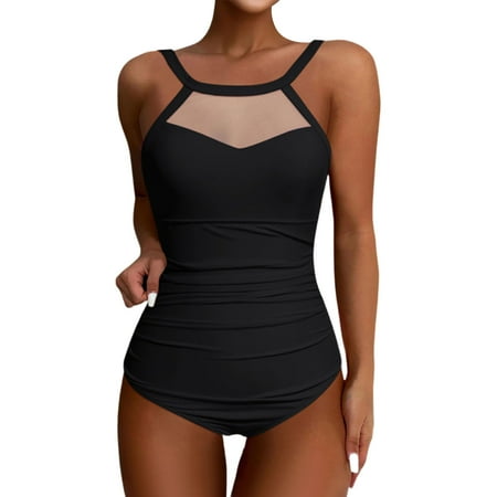 MGCWSH Women s One Piece Swimsuit Mesh Bathing Suit Ruched High Neck Swimwear Black L