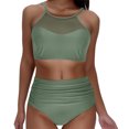 thumbnail image 6 of MGDXOX Women's High Waisted Bikini Set 2 Piece Sport Bathing Suit Halter Mesh Sheer Swimsuit Solid Color Ruched Swimwear Army Green M, 6 of 8