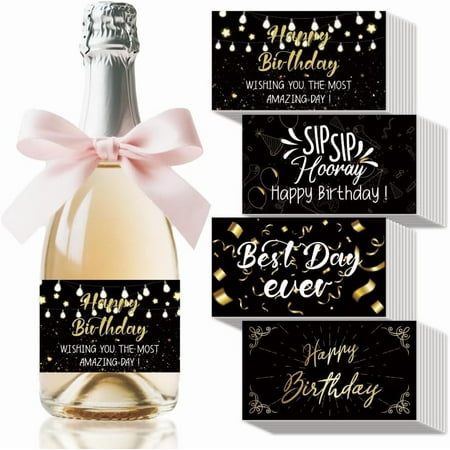 40PCS Happy Birthday Wine Bottle Label Stickers Black Gold Mini Champagne Labels Celebrating Adhesive Label Wine Bottle Decorations